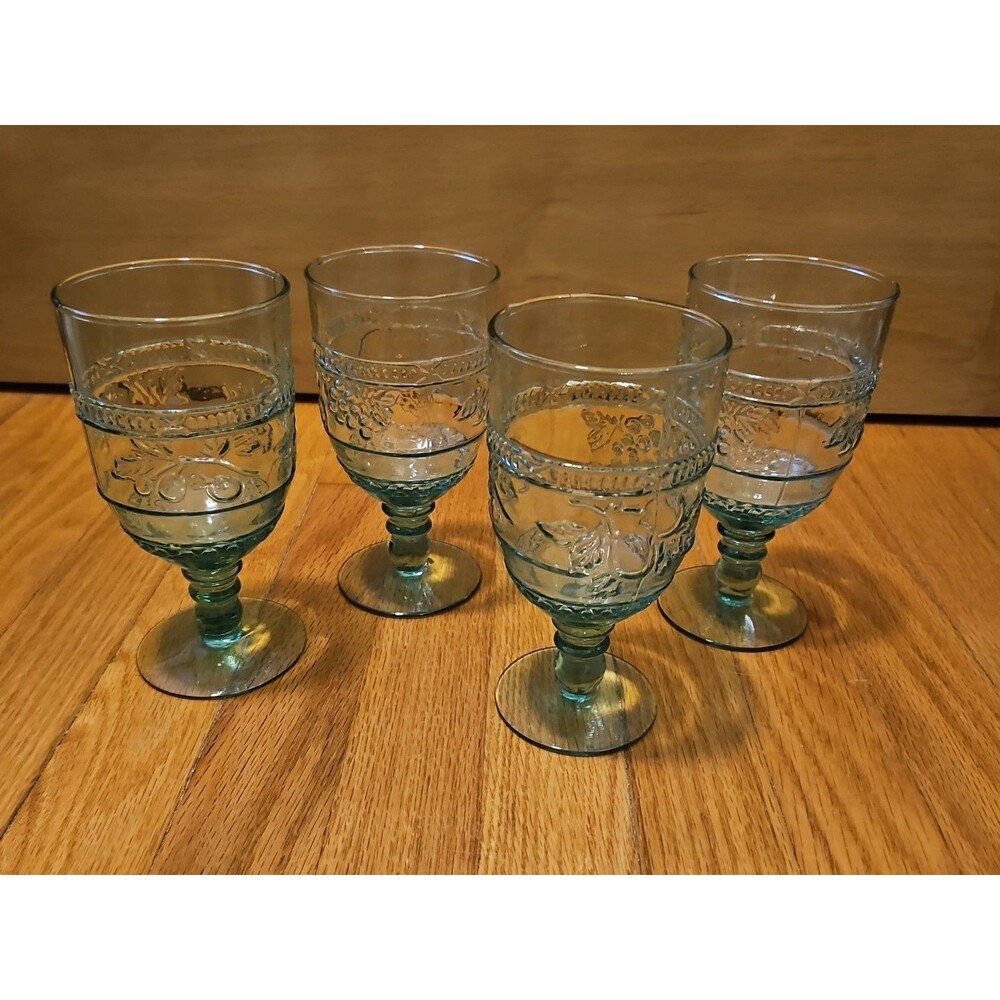 Vintage Mikasa 1960 Embossed Fruit Light Green Glasses Set of Four (4) READ